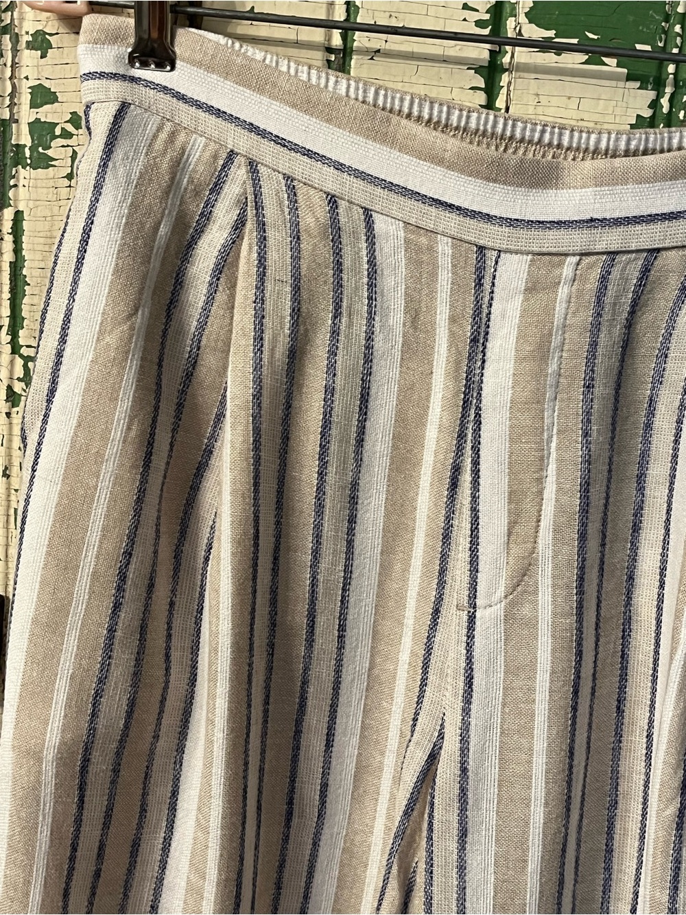 Banana Republic Linen Pants Beige, Navy & White Striped Wide Leg Size Small